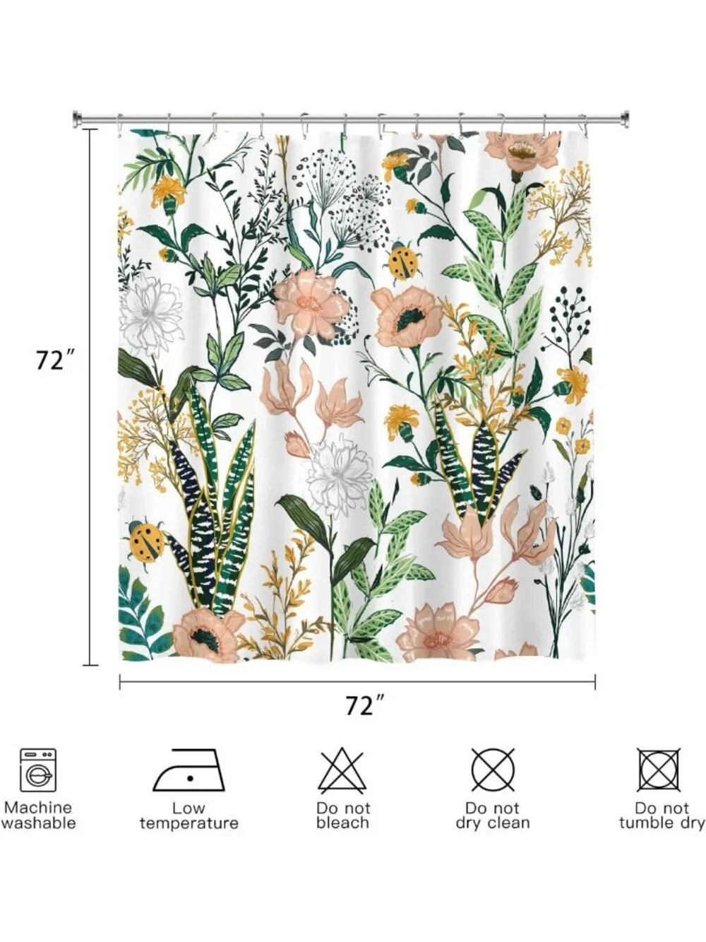 Boho Floral Vintage Shower Curtain - Tropical Leaves & Flowers, 72x72, Cute Bath